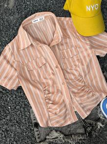 SHEIN Tween Girls Orange Striped Short Sleeve Shirt,Summer Button Front Waist Cinched Collared Shirt,Streetwear City Break Elegant Casual Fitted Tops - Khaki - View 5