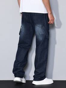 Manfinity Homme Men's Distressed Pocket Contrast Color Straight Leg Jeans, Casual - Dark Wash - View 2