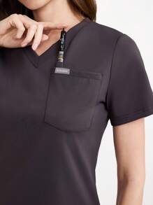 Scrubzie Solid Color V-Neck Scrub Top With Pocket And Pants, Scrub Uniform Set - Dark Grey - View 5