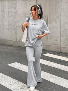 Muchica Women Letter Print Drop Shoulder Tee And Flare Pants Set - Grey - View 4