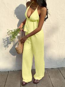 SHEIN Unity Vacation Embroidered Spaghetti Strap Jumpsuit - Yellow - View 4