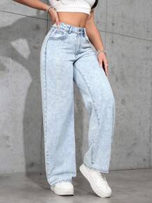 SHEIN PETITE Casual Washed Loose Straight Leg Jeans