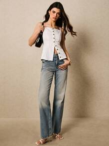 Poéselle Áo hai dây dáng ôm, cài cúc đơn, kẻ sọc, thích hợp mặc hàng ngày, đi nghỉ mát, đi chơi, công sở, mùa hè cho nữ. - trắng - Xem 2