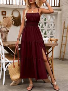 Breezaya 女士节日褶皱吊带连衣裙长款度假海滩装 - 酒紅色 - 查看 6