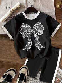 SHEIN Leap Crew 2pcs Tween Girls Cute Butterfly Print Color Block Short Sleeve T-Shirt And Shorts Set, Casual Minimalist Style For Summer - Multicolor - View 2