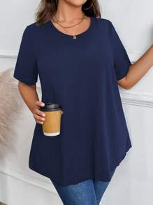 Women's Solid Color Short Sleeve Round Neck T-Shirt, Plus Size, Fashionable For Summer - Dusty Blue - View 4