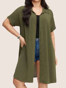 SHEIN LUNE Áo sơ mi dài tay ngắn màu trơn cỡ lớn cho nữ thanh lịch giản dị công sở thường ngày cho phụ nữ mùa xuân cho phụ nữ mùa hè cho phụ nữ dễ thương áo mùa hè châu Âu mùa hè - xanh quân đội - Xem 1