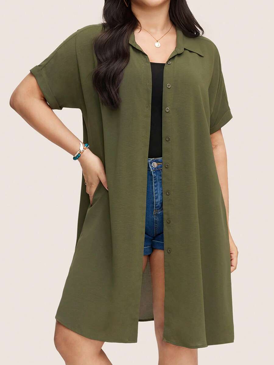 SHEIN LUNE Áo sơ mi dài tay ngắn màu trơn cỡ lớn cho nữ thanh lịch giản dị công sở thường ngày cho phụ nữ mùa xuân cho phụ nữ mùa hè cho phụ nữ dễ thương áo mùa hè châu Âu mùa hè - xanh quân đội - Xem 1