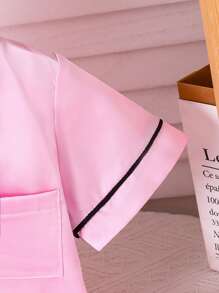 3pcs/Set Baby Girl Elegant Plain Pink Woven Collared Short Sleeve Top With Contrast Trim, Paired With Contrast Trim Pants & Shorts, Smooth & Comfortable Lounge Wear Set - Dusty Pink - View 3