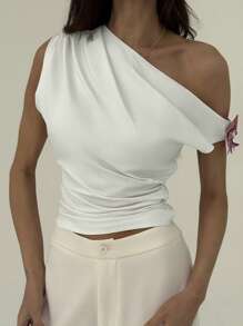 Aloruh Romantic Asymmetrical Neck Ruched 3D Floral Fitted Pink Blouse - White - View 3