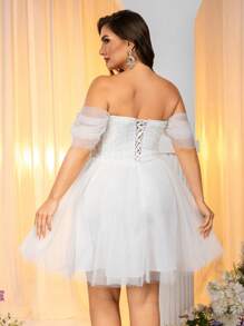 SHEIN Belle Plus Size Elegant Minimalist Romantic White Off Shoulder Studded Pearl Tulle Ball Gown, Bridal Shower Gift Dress, For Bride - White - View 6