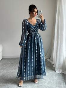 Modelyn 女士十字领褶皱腰喇叭袖灯笼袖雪纺镂空刺绣优雅连衣裙，浪漫舒适 - 彩色 - 查看 6
