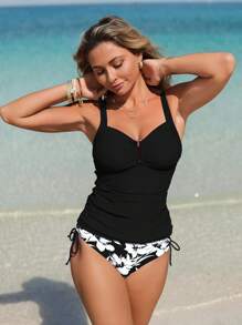 Swim Lushoire Bộ đồ bơi Tankini hai mảnh cho nữ có phần ngực nhún bèo, họa tiết hoa, giản dị và thoải mái khi đi nghỉ và bơi lội - Đen và trắng - Xem 3
