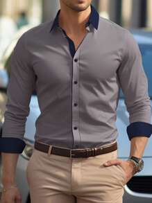 Manfinity Homme Men's Contrast Color Long Sleeve Single-Breasted Casual Commuter Shirt