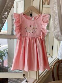Blossori Young Girls' French Elegant Pink Floral Embroidery Front Dress, Spring/Summer - Pink - View 1