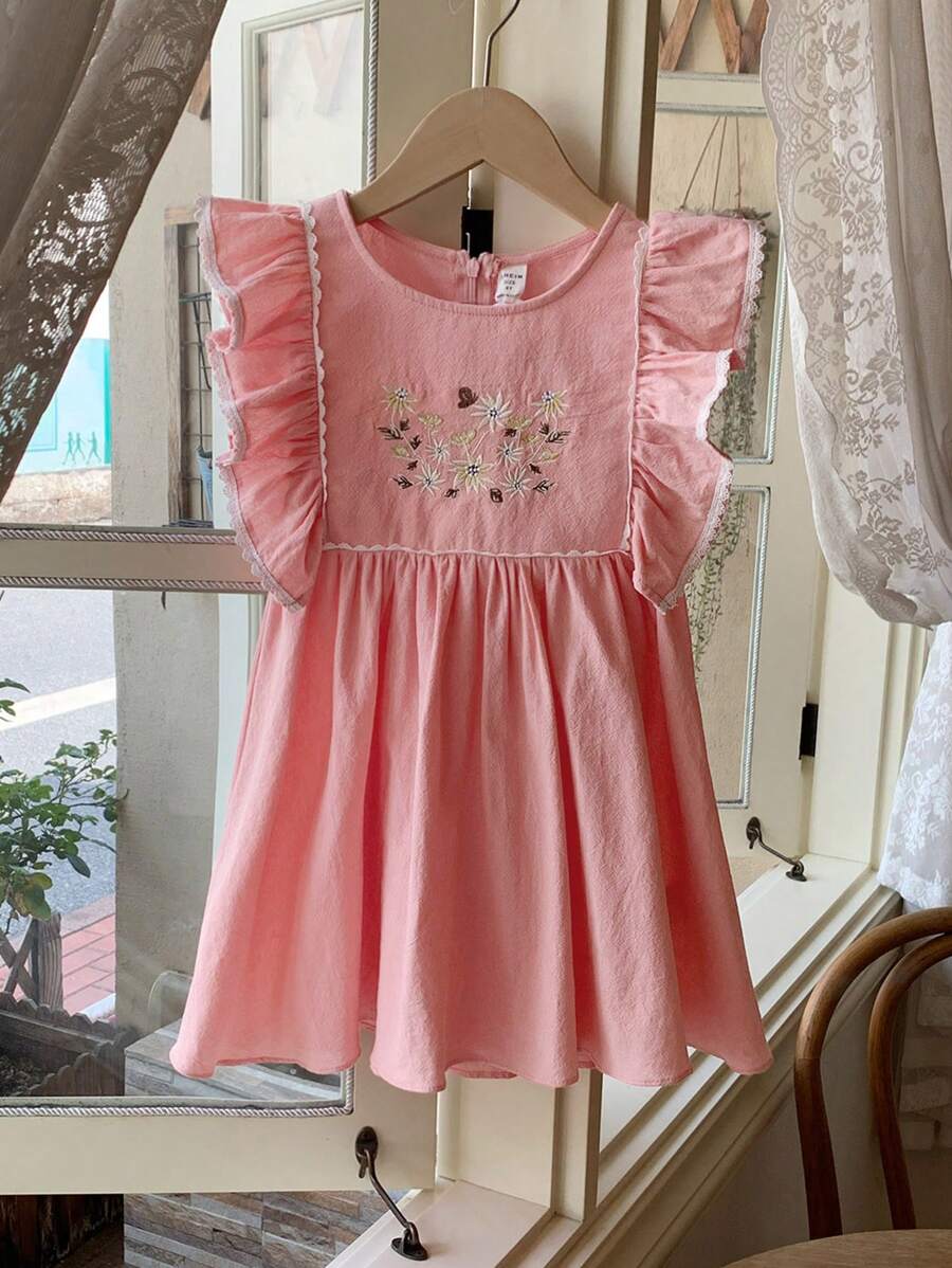 Blossori Young Girls' French Elegant Pink Floral Embroidery Front Dress, Spring/Summer - Pink - View 1