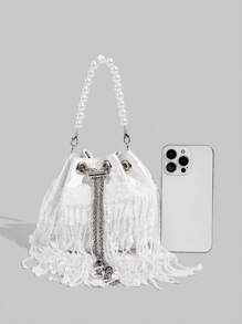 SHECARRY 女士优雅经典百搭白色亮片珠子长流苏珍珠手柄手提包 - 白色 - 查看 6