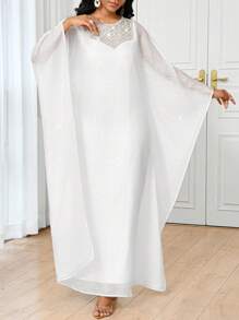 SHEIN Lady Women's White Pearl Embellished Woven Maxi Dress: Elegant Round Neck, Long Sleeve, And Flared Hem Modest Style