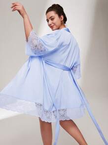 LUVLETTE Plus Silky Satin Luxurious Lace Elegance Trim Tie-Front Bridal Loungewear Airy Pajama Robe Bath Robe Night Gown Women