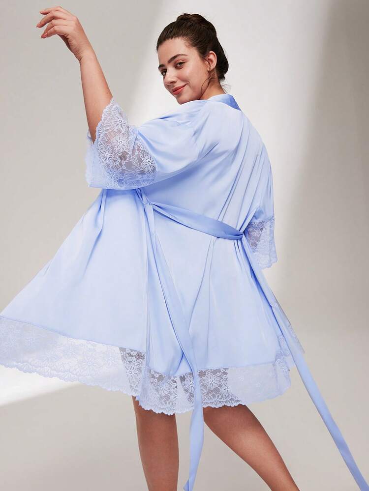 Bata de noche, bata de baño y pijama elegante con encaje y satén de seda de lujo con detalle de lazo frontal para mujer, lencería para primavera y verano