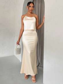 Glamine 2 件套女士优雅缎面婚礼服装 - 杏色 - 查看 1