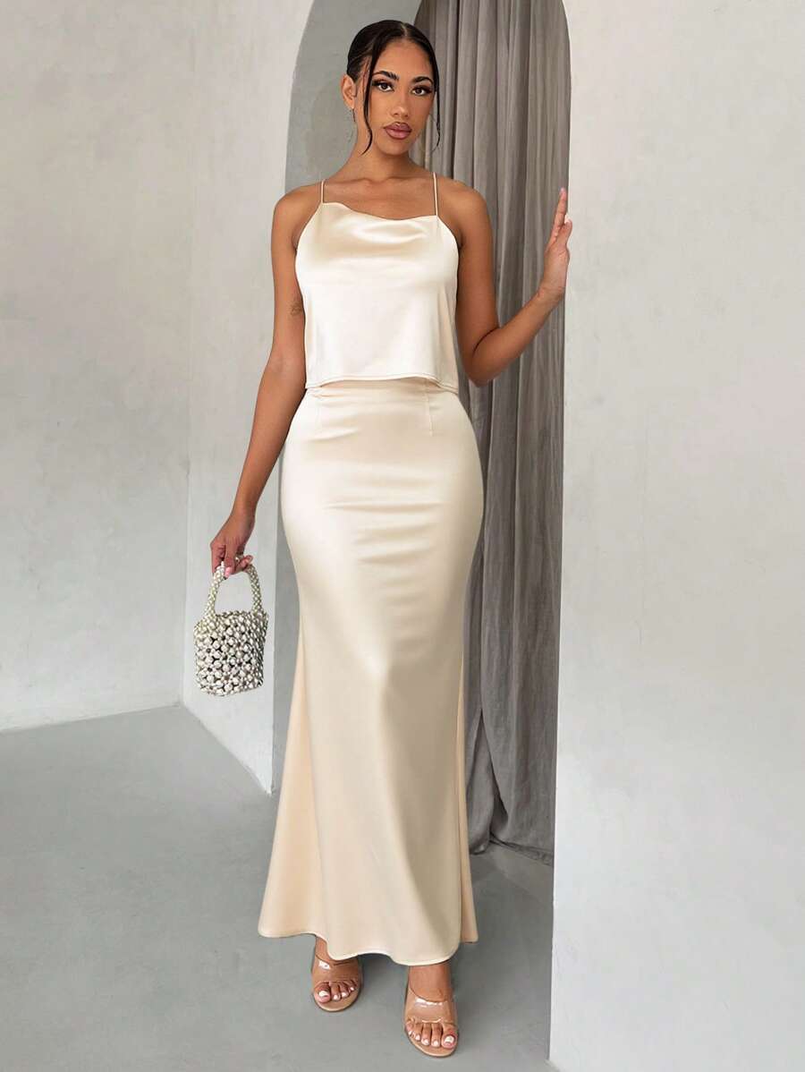 Glamine 2 件套女士优雅缎面婚礼服装 - 杏色 - 查看 1