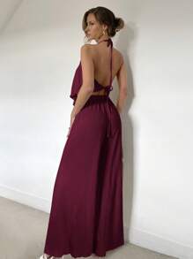 SHEIN Essnce 2pcs/Set Pleated Halter Neck High Split Maxi Dress Island Vacation Outfits - Burgundy - View 2