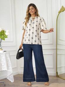 KURAYIA Plus Size Tie Collar Bow Print Lantern Sleeve Blouse - Apricot - View 1