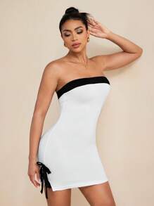 LUNA B White Black Contrast Color Bow Detail Strapless Mini Dress Women Sexy Summer Vacation Sundress Dresses For Women Elegant Women Mini Dresses