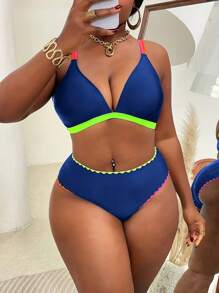 Slaydiva 撞色钩针边缘加大码女式两件套比基尼泳装，休闲度假装