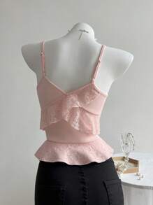 Elamini Women's Contrast Lace Ruffle Trim Camisole - Pink - View 2