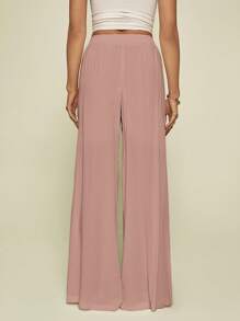 SHEIN Tall Women Spring/Summer Casual Solid Color Drawstring Wide Leg Pants - Pink - View 2
