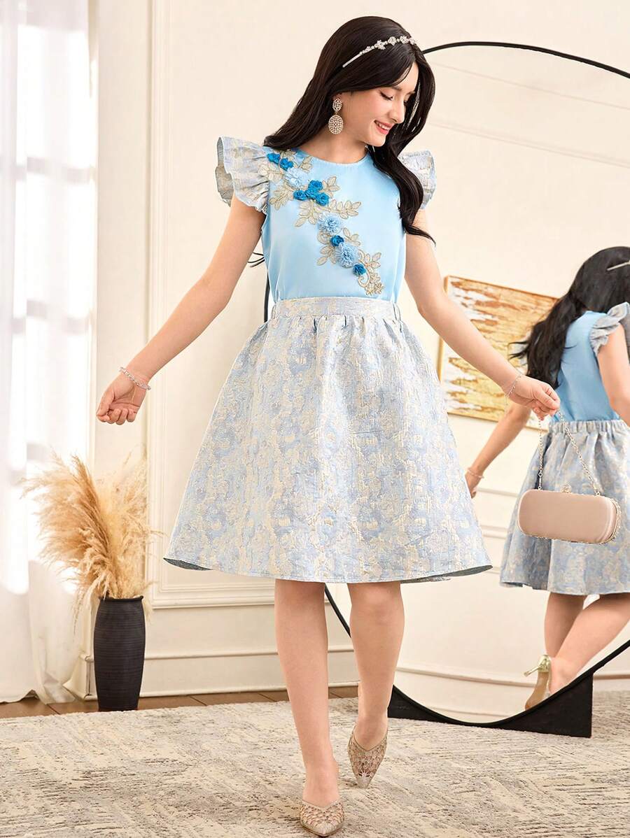 Conjunto de blusa con puños de encaje floral 3D elegante y falda midi plisada de satén jacquard para niña adolescente, color champán dorado - Celeste - Ver 1