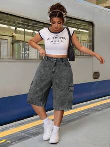 SHEIN ICON Jeans cargo lavati blu con tasche grandi e taglio morbido dritto