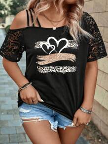 INAWLY Plus Size Asymmetrical Neck Lace Short Sleeve Leopard Heart Print Casual T-Shirt For Spring/Summer