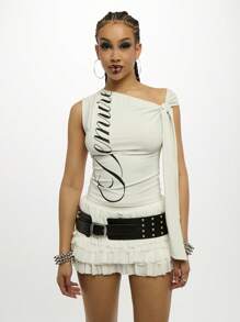 SUMWON WOMEN Designer Statement Tank Top Asymmetric One Shoulder Tie Detail Graphic Print Ruffle Mini Club Festival Party Summer Sleeveless Fitted Fashion Top - White - View 1