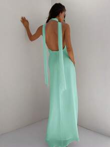 Aloruh 女式深 V 领露背高低长款雪纺连衣裙，配有腰带，适合婚礼、派对、节日、春夏季