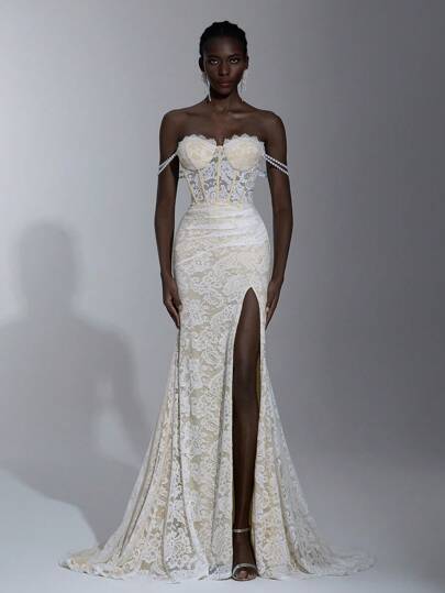 SHEIN Belle Elegant And Romantic White Jacquard Lace Handmade Pearl Necklace One Shoulder Tube Top Eyelash Lace Teething Waist Section Perspective High Waist Slim Sexy Split Fishtail Skirt Tail Suitable For Wedding Season Bride Dress Formal Occasion Wedding Dress