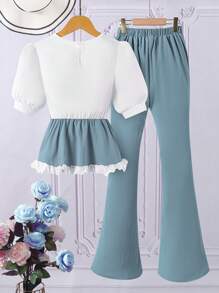 SHEIN Tween Girls Contrast Color Puff Sleeve Top + Black Flared Pants 2Pcs Set - Green - View 2