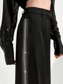 SHEIN LUNE Women's Black Woven Fabric Party Pants With Rhinestone Detailing And Zipper Closure Fall Cloth For Women - Black - View 5