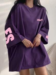 DAZY 女士字母印花圆领落肩宽松休闲百搭T恤 超大款长袖T恤 - 紫羅蘭色 - 查看 6