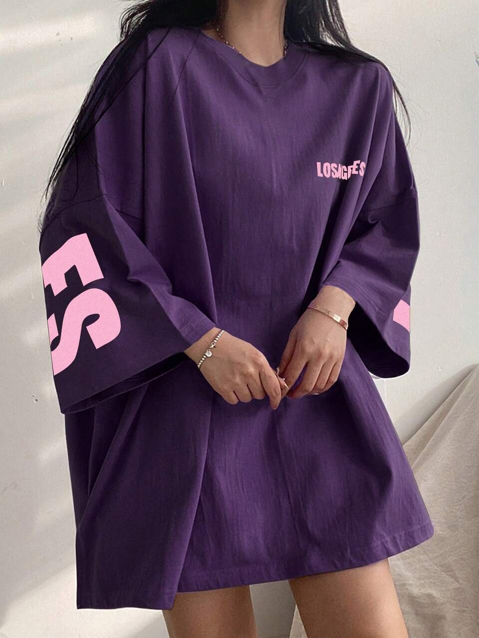 Women's Letter Print Round Neck Drop Shoulder Loose Casual Versatile T-Shirt Oversized T-Shirt Long Sleeve