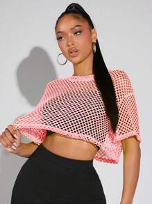 SHEIN SXY Women Mesh Solid Color Short Sleeve Round Neck Top, Fashionable For Summer - Pink - View 4