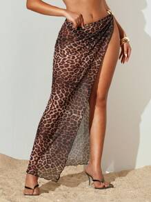 Zolique Falda estilo playa sexy con abertura lateral, estampado de leopardo, para mujer