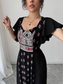 Rafferiza 女士经典印花长腰优雅假日连衣裙 - 黑色 - 查看 5