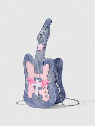 Grunge Punk Bolso de hombro de mujer con diseño de estrella punk lindo, calavera, alas y cruz, ideal para fiestas y festivales de música. Bolso mensajero personalizado de estilo patchwork, rock, con remaches y guitarra.