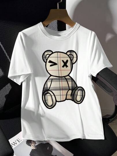 SHEIN PETITE Camiseta de manga corta para mujer con estampado de dígito frontal con diseño de oso de cuadros, cómoda y casual, de moda y sexy para primavera/verano