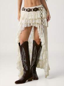 SHEIN PETITE Hippie Cowgirl 90s Ultra Low Waist Lace Tiered Mini Front Long Back Long Skirt Boho - Apricot - View 1