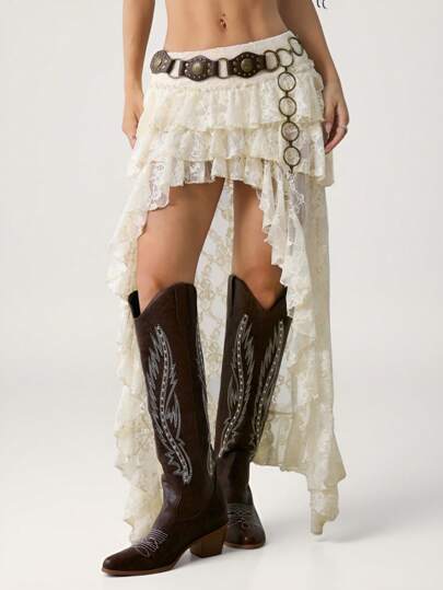 SHEIN PETITE 嬉皮牛仔90年代超低腰蕾丝分层迷你前长后长裙