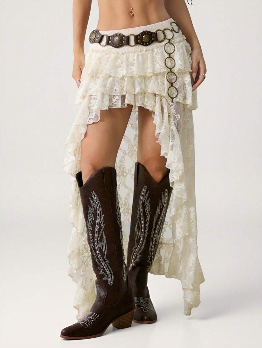 SHEIN PETITE Hippie Cowgirl 90s Ultra Low Waist Lace Tiered Mini Front Long Back Long Skirt Boho - Apricot - View 1